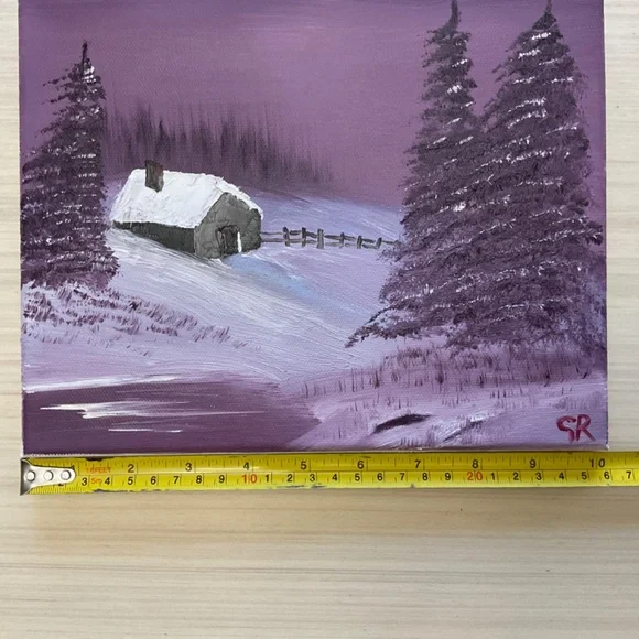 Cabin in the Woods Snowy Scene Purple Sky Oil Painting 8x10 - Picture 7 of 10
